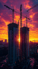 New building construction with cranes against a sunset sky, in the city center