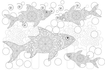 Black and white illustration of fish. Coloring book antistress for children and adults. Illustration isolated on white background