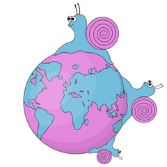 Snail on the earth planet isolated transparent backgorund. Snail family around the world. Futuristic flat vector illustration ideal for t-shirt print. EPS 10 Editable stroke