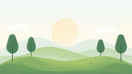 Fototapeta premium Green hills covered with newly planted trees, afforestation landscape, flat design illustration