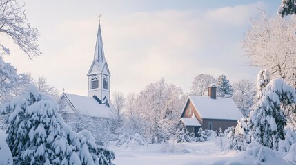 A snow-covered church steeple rising into the pale winter sky, with trees and buildings blanketed in fresh snow below.