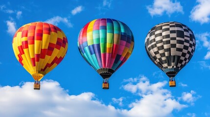 Naklejka premium Three colorful hot air balloons against a bright blue sky with fluffy clouds.