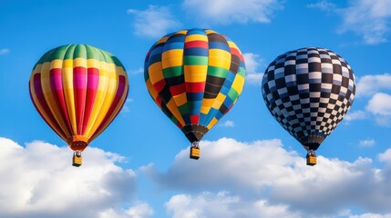 Fototapeta premium Three colorful hot air balloons fly in a row against a bright blue sky with white clouds.