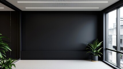 A photo of a large black wall in an office with a white ceiling