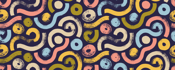 Pastel colored retro seamless pattern with curved bold brush strokes and circles in tribal style. Vintage seamless banner design. Squiggly design with hand drawn rough waves, curves and dots.