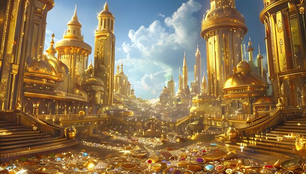 Gleaming City of Gold &ndash; A Mythical City Made Entirely of Gold, Shining Brightly Under a Clear Blue Sky