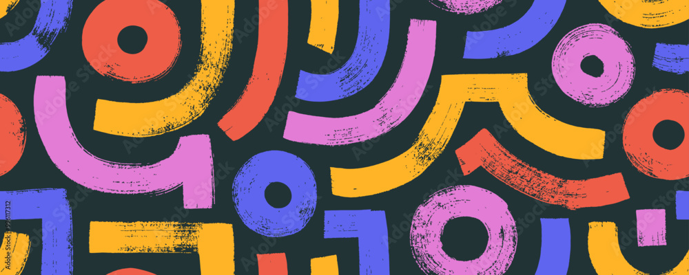 Poster colorful abstract maze seamless background with brush drawn bold curves and circles.