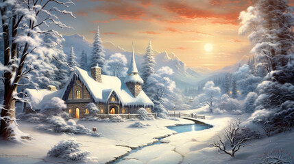 Fototapeta premium Snowy Christmas landscape illustration