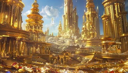 Gleaming City of Gold &ndash; A Mythical City Made Entirely of Gold, Shining Brightly Under a Clear Blue Sky