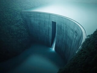 Collapsed dam with water trickling through, visualizing infrastructure failure and water crisis, dramatic lighting, photorealistic textures