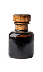 a bottle of liquid with a wooden cap

