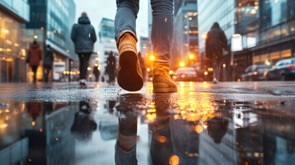 Walking down busy street, person in jeans and yellow shoes creates striking reflection on wet pavement, surrounded by bustling urban environment