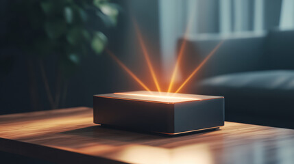 glowing storage box emits light beams, creating warm and inviting atmosphere in cozy living space. interplay of light and shadow enhances modern aesthetic