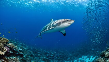 Fototapeta premium Blue Shark Swimming Among Schools of Fish