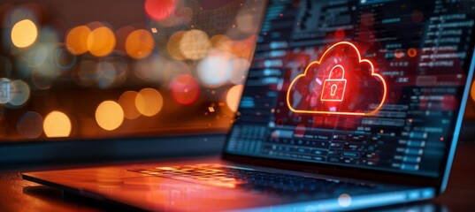 Open Laptop With Red Cloud Computing Security Hologram Depicting Cloud Data Security Concept