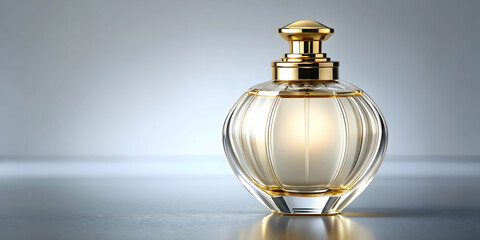 Elegant bottle of perfume with a gold cap and delicate label, fragrance, scent, beauty, stylish, luxury