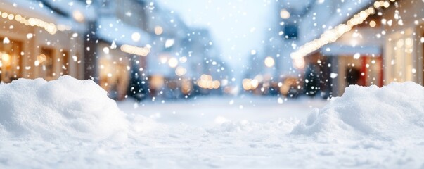 Snowy street scene with blurred shops and falling snowflakes, winter atmosphere.