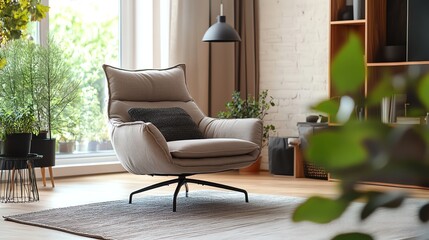 A comfortable armchair in a living room, with plants and a window.