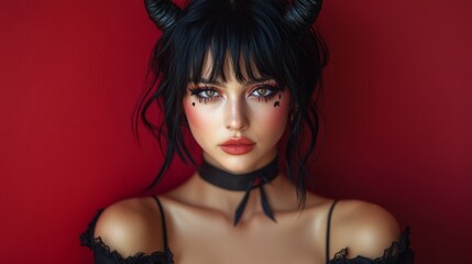 Fototapeta premium Dark Fantasy Demon Cosplay with Horns and Gothic Aesthetic in Red and Black