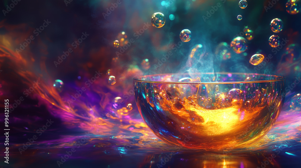 Wall mural glowing witchs brew overflowing with magical bubbles creates mesmerizing scene filled with vibrant c
