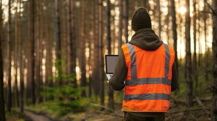 A worker wearing a high visibility vest holding a laptop, in a forest background