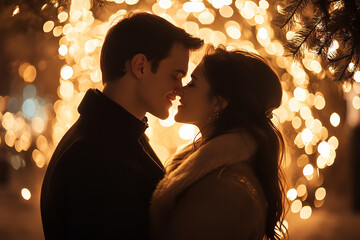 Romantic New Year's Eve Kiss under Softly Lit Ambiance