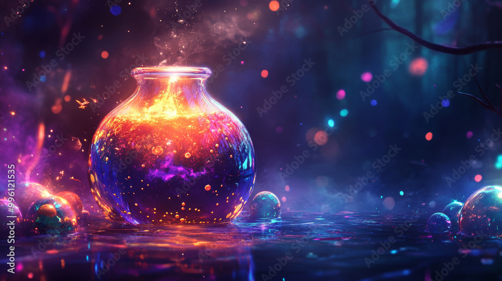 Wall mural glowing witchs brew is overflowing with magical bubbles, creating mesmerizing scene filled with vibr