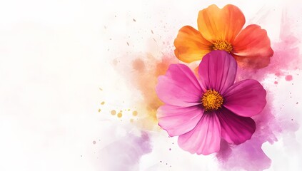 Pink and orange cosmos flowers with a watercolor splash on a white background, 