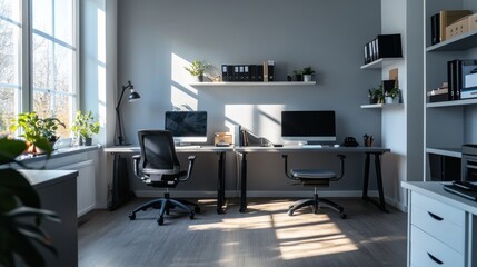 A bright, modern office with two desks, computers, and shelves. The minimalist design features a gray wall and sunlight streaming in. It's a perfect example of a business workspace.