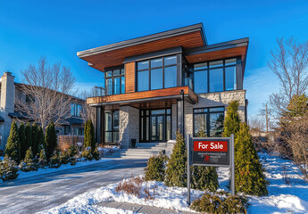 a modern home with a "For Sale" sign in front, a realistic and detailed rendering, a stock photo with no background, and copy space on the left side