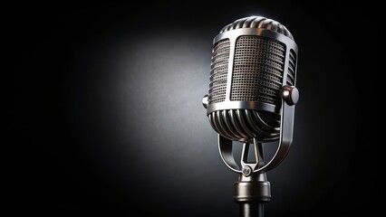 Classic microphone is standing on a stage with a spot light shining on it from the left side