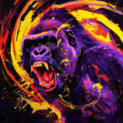 Neon roaring gorilla encased in a swirling vortex of yellow and orange energy, set against a dark background to enhance its raw, powerful intensity.