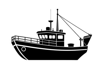 Fishing boat silhouette vector illustration on white background.