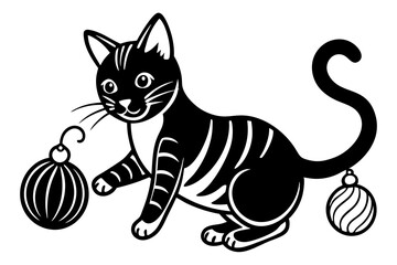 bold and easy, coloring pages, Cat playing with Christmas ornaments.