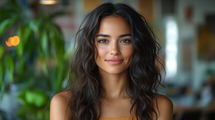 Beautiful Young Woman with Long Wavy Hair Smiling