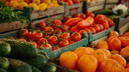 bright marketstyle scene featuring rows fresh fruits vegetables display Piles ripe tomatoes carrots cucumbers oranges presented wooden crates bustling market scene full life energy emphasizing abundan