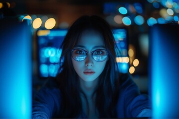 A female IT Hacker Analyzing Cyber Threats in Blue-lit Data Center