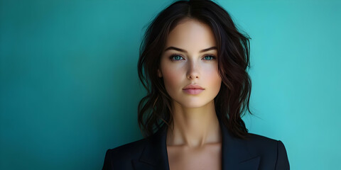 Portrait of Woman with Dark Hair and Blue Eyes Against a Teal Background
