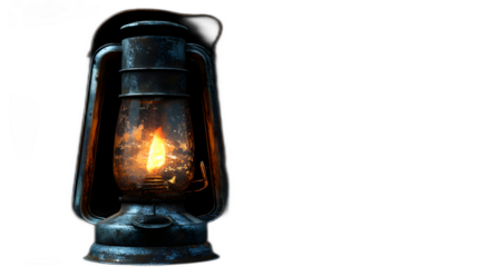 A vintage lantern with a flickering flame placed against a solid black background