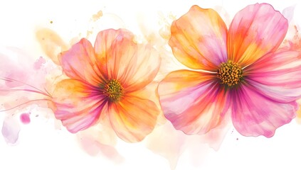 Pink and orange cosmos flowers with a watercolor splash on a white background, 
