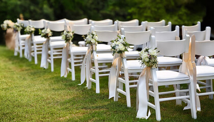 Elegant white chairs with floral decorations for an outdoor wedding ceremony.