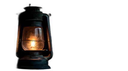 A vintage lantern with a flickering flame placed against a solid black background