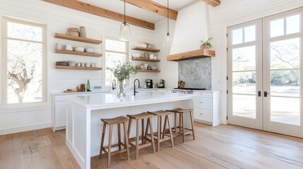 Bright and Airy Modern Farmhouse Kitchen with Spacious Island and Farmhouse Sink - Inviting Natural Light and Vibrant Backsplash Design Inspiration
