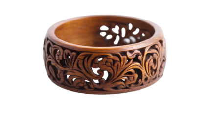 a carved wooden bowl with a white background. 