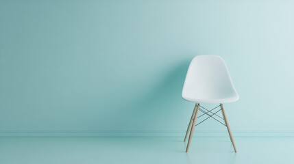 minimalist chair stands elegantly against soft pastel blue background, creating serene and modern atmosphere. simplicity of design enhances tranquil vibe of space