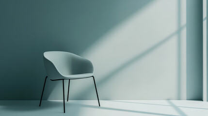 minimalist chair against soft pastel grey background creates serene atmosphere, highlighting simplicity and elegance in design. soft shadows add depth and tranquility