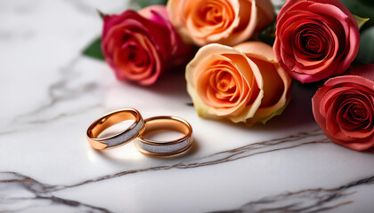 Wedding rings and colorful roses on a marble surface.