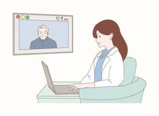 Doctor with laptop computer, having video call meeting with patient. Online doctor talking with elder on video call. Hand drawn flat cartoon character vector illustration.