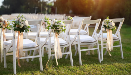 Elegant white chairs adorned with floral arrangements, ready for an outdoor wedding.