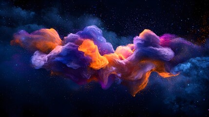 Fototapeta premium Fluid Abstract Forms Interacting with Vibrant Particle Clouds in Dark Space 3D Digital Art Render